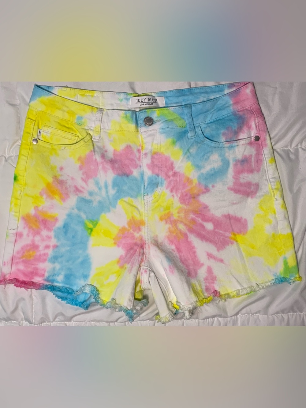 Judy Blue Pastel Tie Dye High Waist Frayed Denim Shorts- Sz L